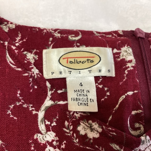 Talbots Petites Burgundy Red White Floral Sleeveless Dress Size 4 Linen Rayon - Picture 3 of 8